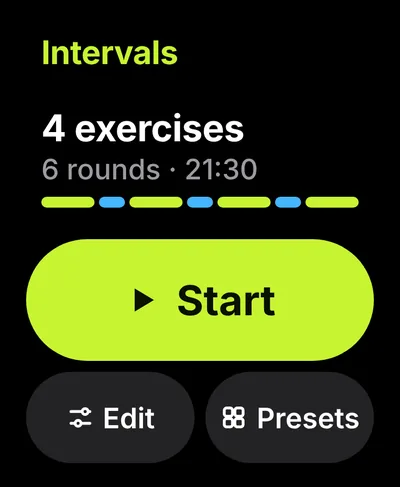Apple Watch home: 4 exercises, 6 rounds, 21:30, with Start, Edit and Presets