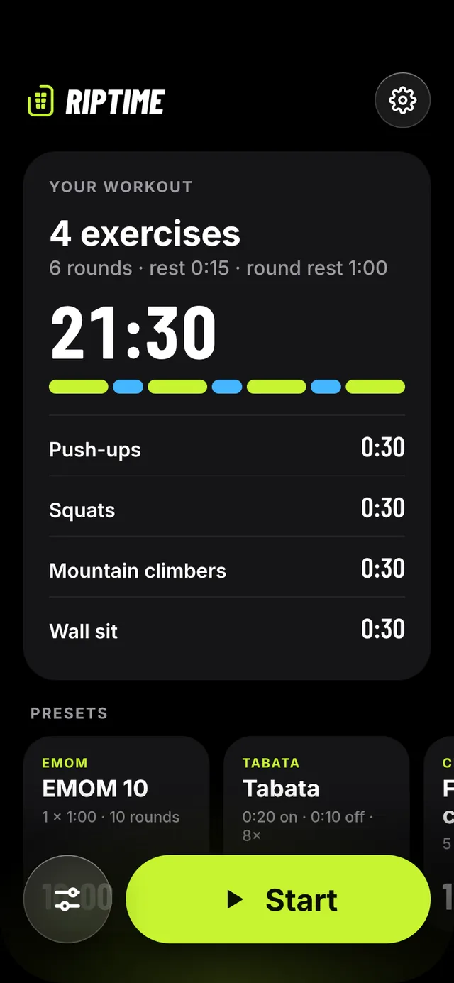 iPhone home: your workout card with every exercise, preset cards below, and Start