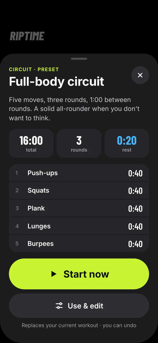 iPhone preset sheet: Full-body circuit, 16:00, with Start now and Use and edit